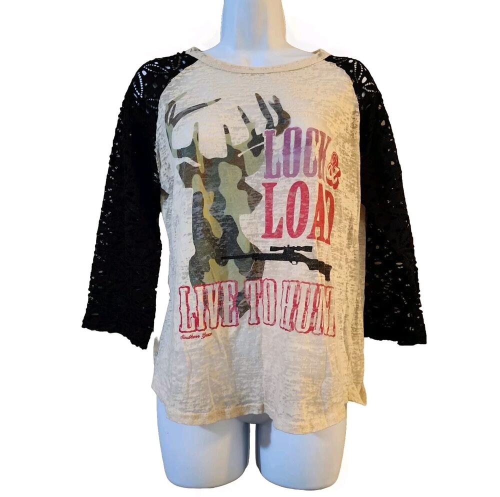 Southern Grace Womens Burnout Top Size M Sheer Love Hunting Camo Deer Raglan Tee
